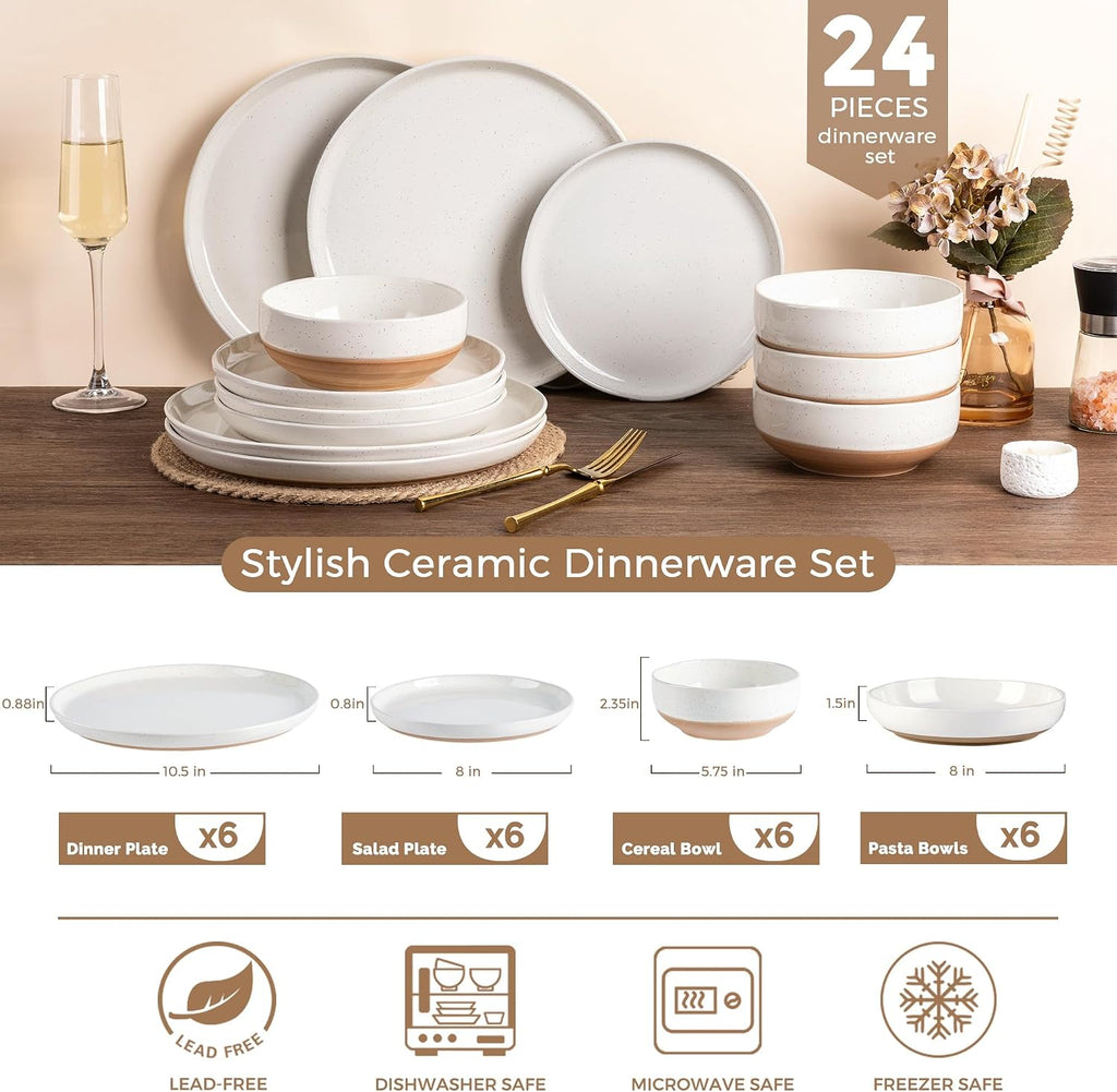 AmorArc Ceramic Dinnerware Sets with Pasta Bowls for 6, Handpainted Plates and Bowls Set with Rustic Terracotta Underside, Scratch Resistant Dishes Set, Dishwasher & Microwave Safe, 24 Pcs
