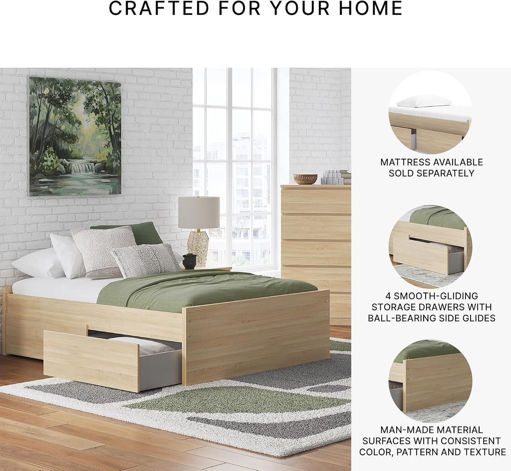 Signature Design by Ashley Onita Scandinavian 4-Drawer Full Platform Bed with 2 Side Storage, Foundation or Box Spring Not Needed, Light Brown