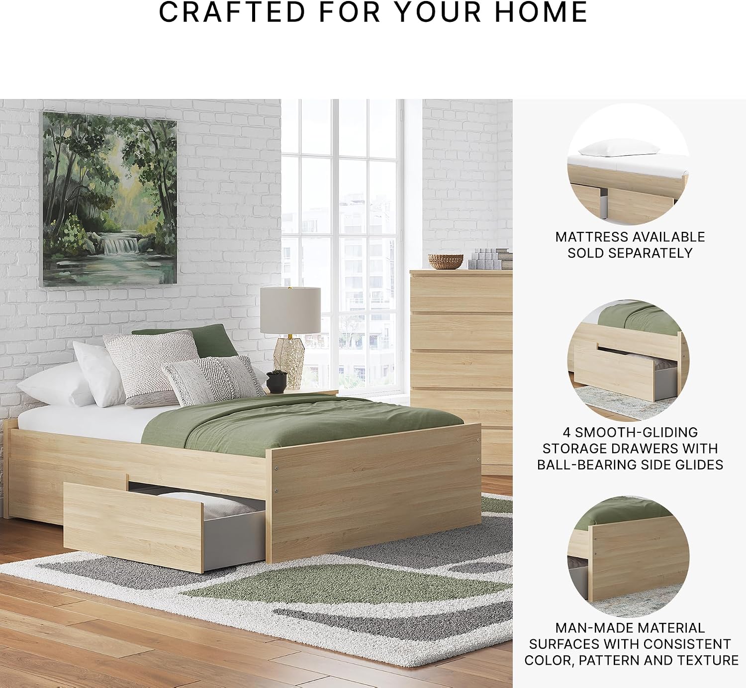 Signature Design by Ashley Onita Scandinavian 4-Drawer Full Platform Bed with 2 Side Storage, Foundation or Box Spring Not Needed, Light Brown