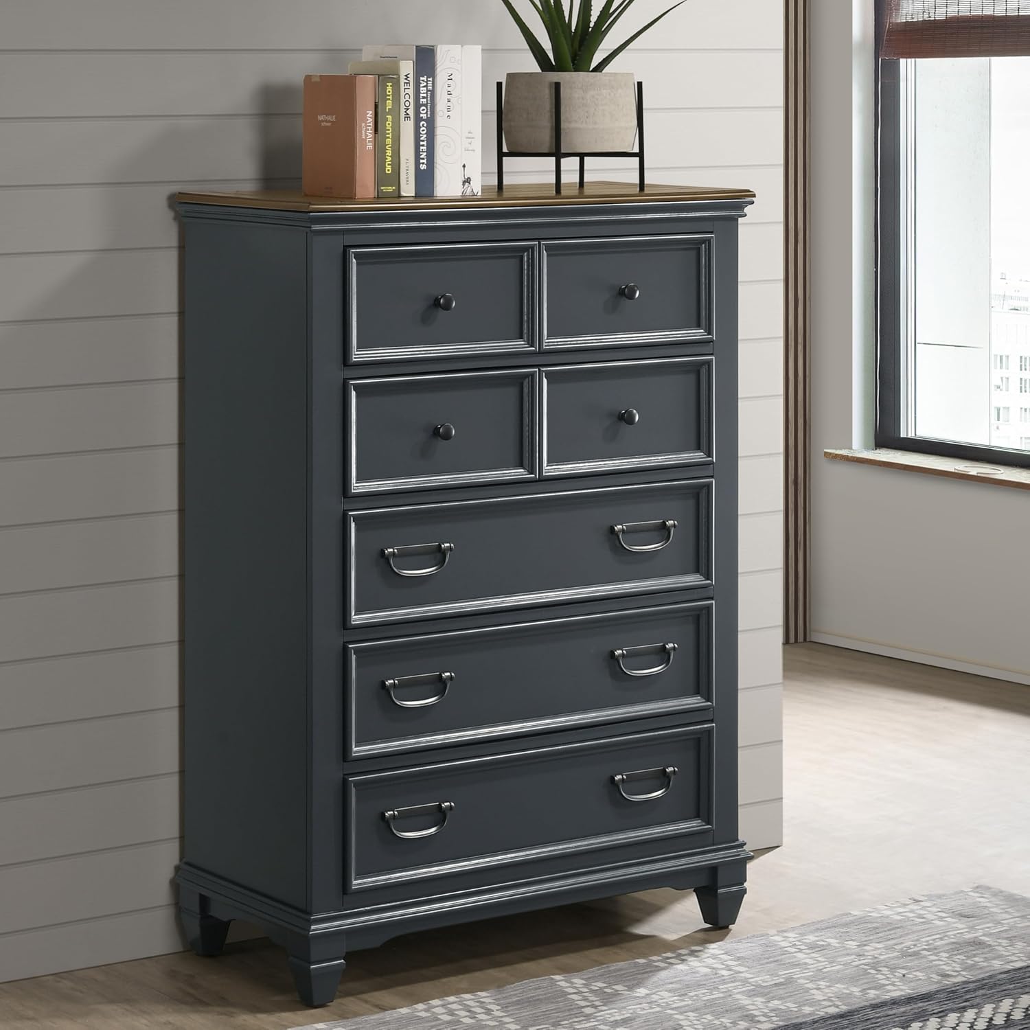 Roundhill Furniture Riverton Wood 5-Drawer Chest, Slate Blue