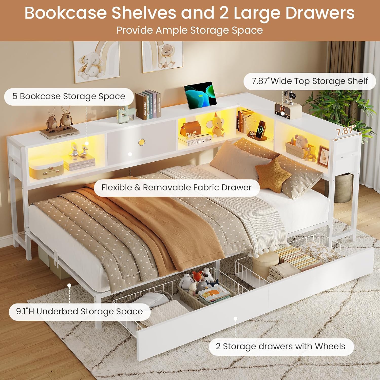 DICTAC Twin Corner Bed Frame with Storage Drawers and Bookcase Twin Size Metal Corner Platform Bed Frame with Led Lights and Charging Station Twin Size Daybed for Kids and Teen,Saving Space,White