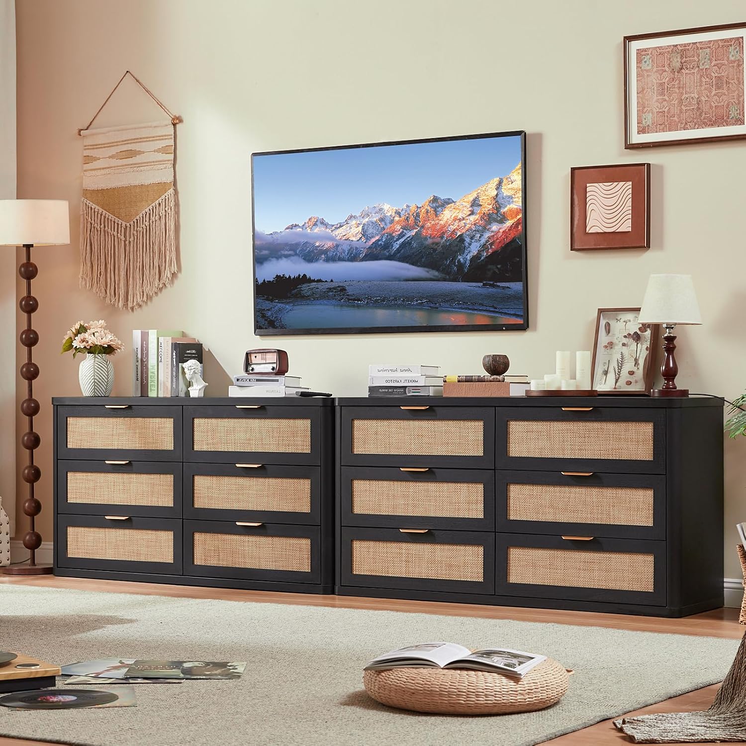 LEYAOYAO Rattan 6 Drawer Dresser for Bedroom Set of 2, Boho 54' Wide Black Dresser Chest of Drawers, Dressers TV Stand with Metal Handle, Storage Dressers Closet Organizer for Living Room, Hallway