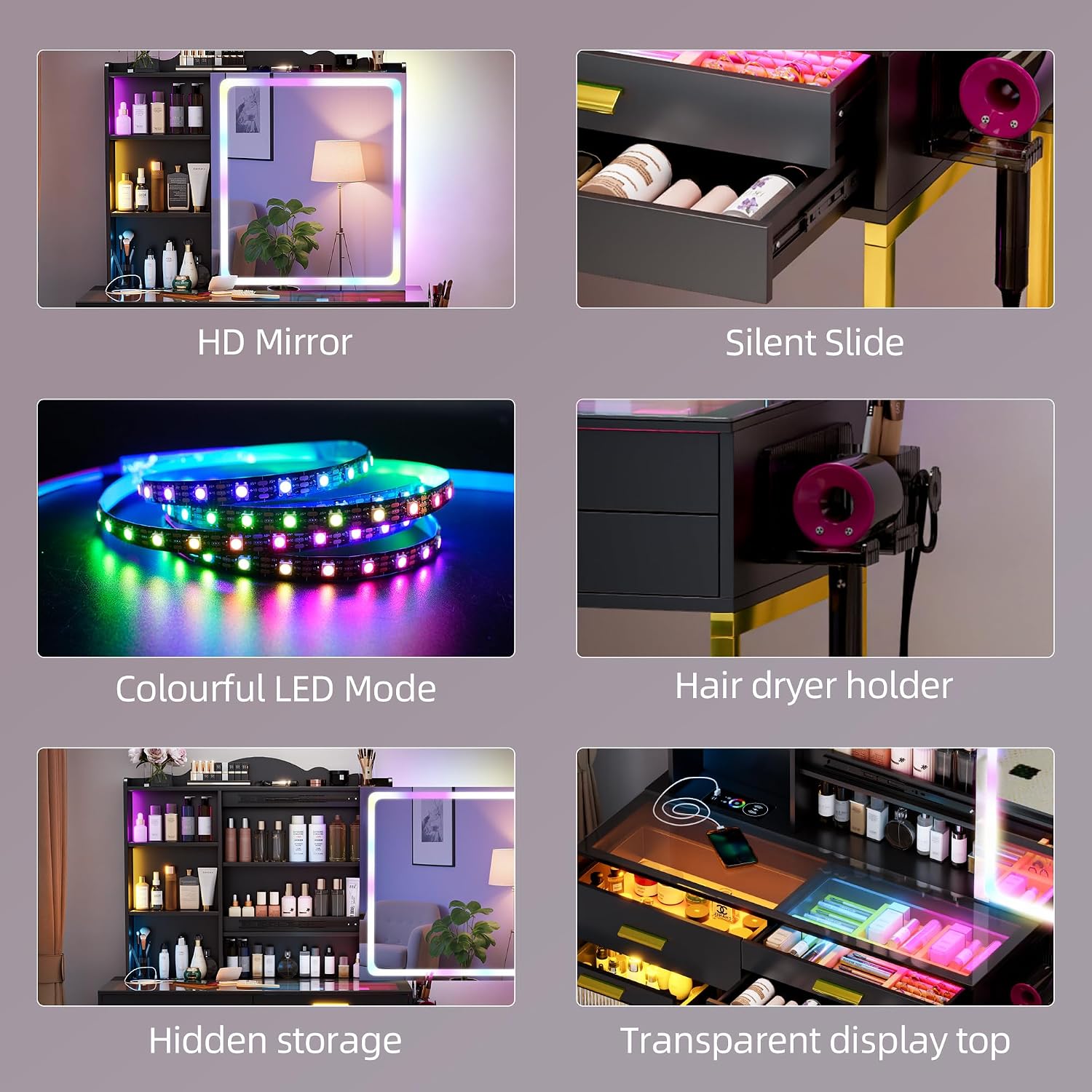 Glass Top Makeup Vanity Desk with RGB LED Light & Adjustable Mirror, Modern Makeup Dresser with Charging Station,Vanity Table Set with 6 Drawers & Hair Dryer Holder for Bedroom,Black