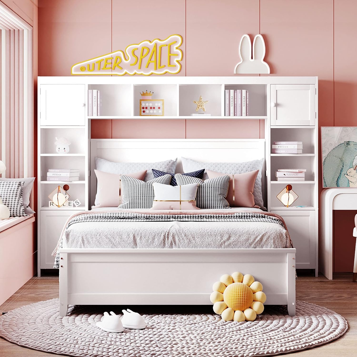 Harper & Bright Designs Full Size Platform Bed with Bookcase Headboard and 4 Storage Drawers, Solid Wood Bed Frame with Cabinet and Bookshelf, No Box Spring Needed - White