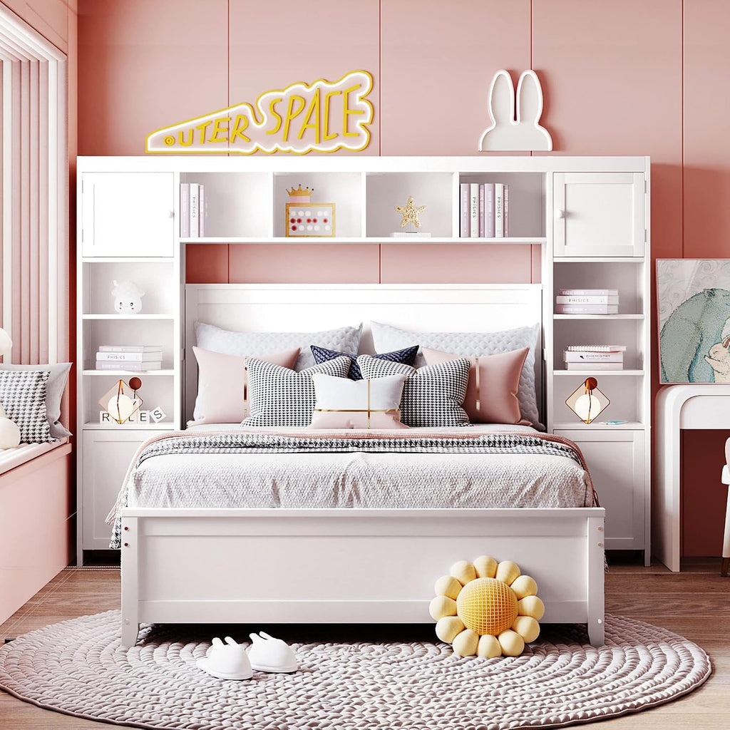 Merax Full Size Platform Bed with 4 Drawers, Wooden Full Bed with All-in-One Cabinet and Shelf, White