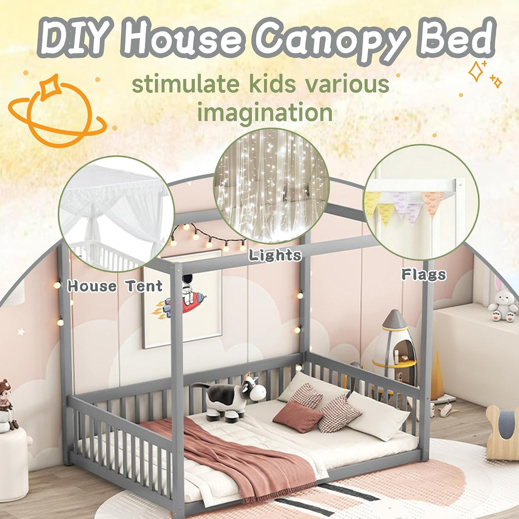Full Size Canopy Bed Frame with 4 Posters and Guardrails for Kids, Wood Montessori Floor Bed Full Size with High Fence for Girls & Boys, Easy Assemble, Montessori Beds,Gray