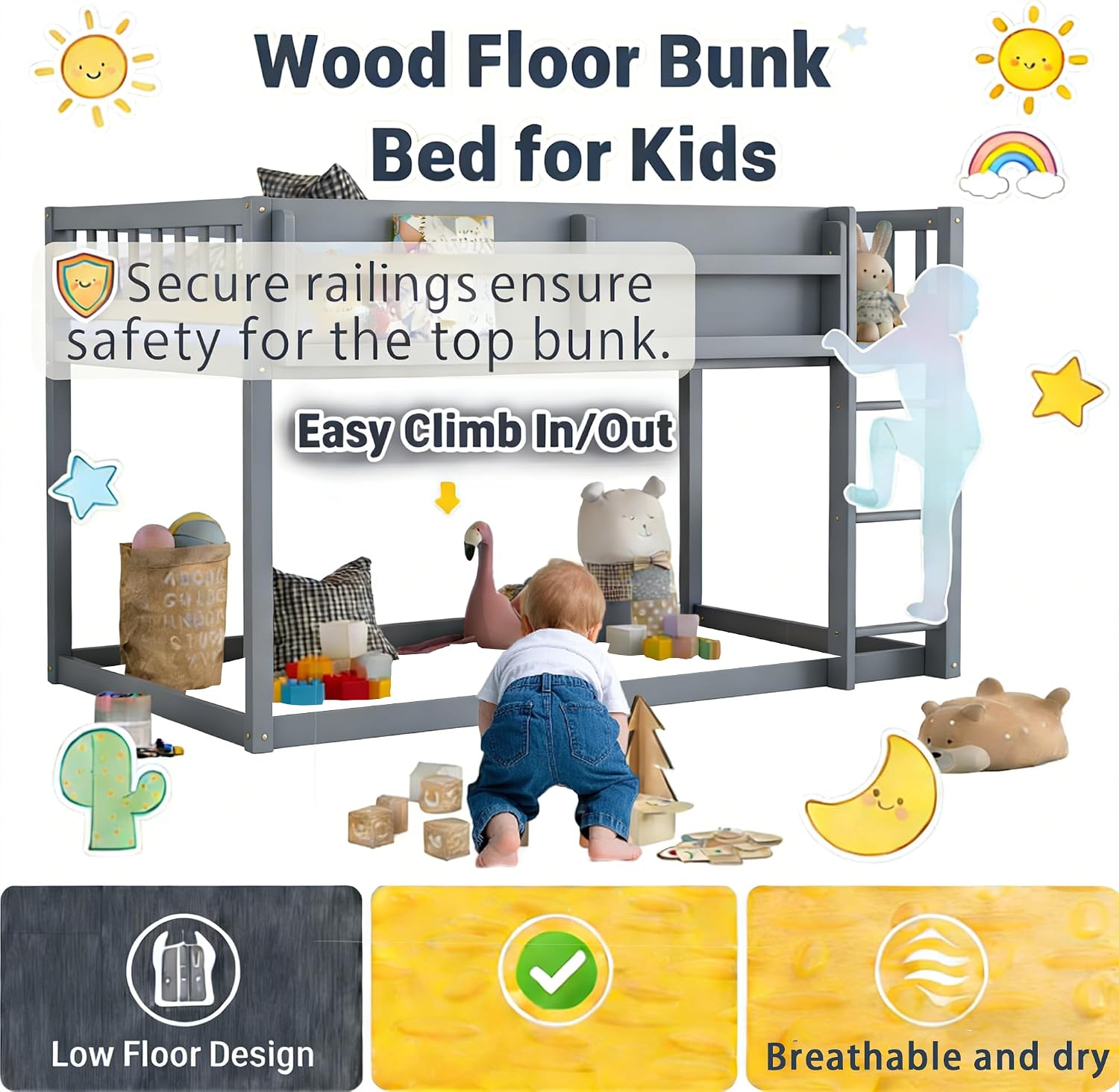 Low Bunk Bed Twin Over Twin for Kids, Wood Floor Bunk Beds with Bookshelf & Ladder, Low Profile Bunked with Full Guardrails for Kids, Juniors, Boys, Girls, Bedroom, Gray