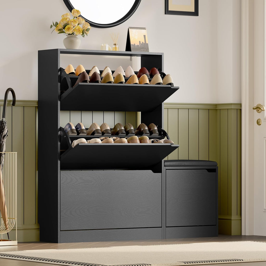 BORNOON Shoe Cabinet with Bench and 3 Flip Drawers, Slim Narrow Shoe Storage Cabinet, Freestanding Shoe Rack Organizer with Adjustable & Removable Shelves, Anti-Tip for Entryway, Hallway, Foyer