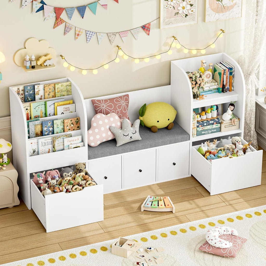 FOTOSOK 71' Toy Organizers and Storage with Seat Cushion, Kids Bookshelf with Reading Nook and 2 Movable Drawers & 3 Fabric Toy Chests, Kids Reading Nook Toy Storage with Bench for Playroom