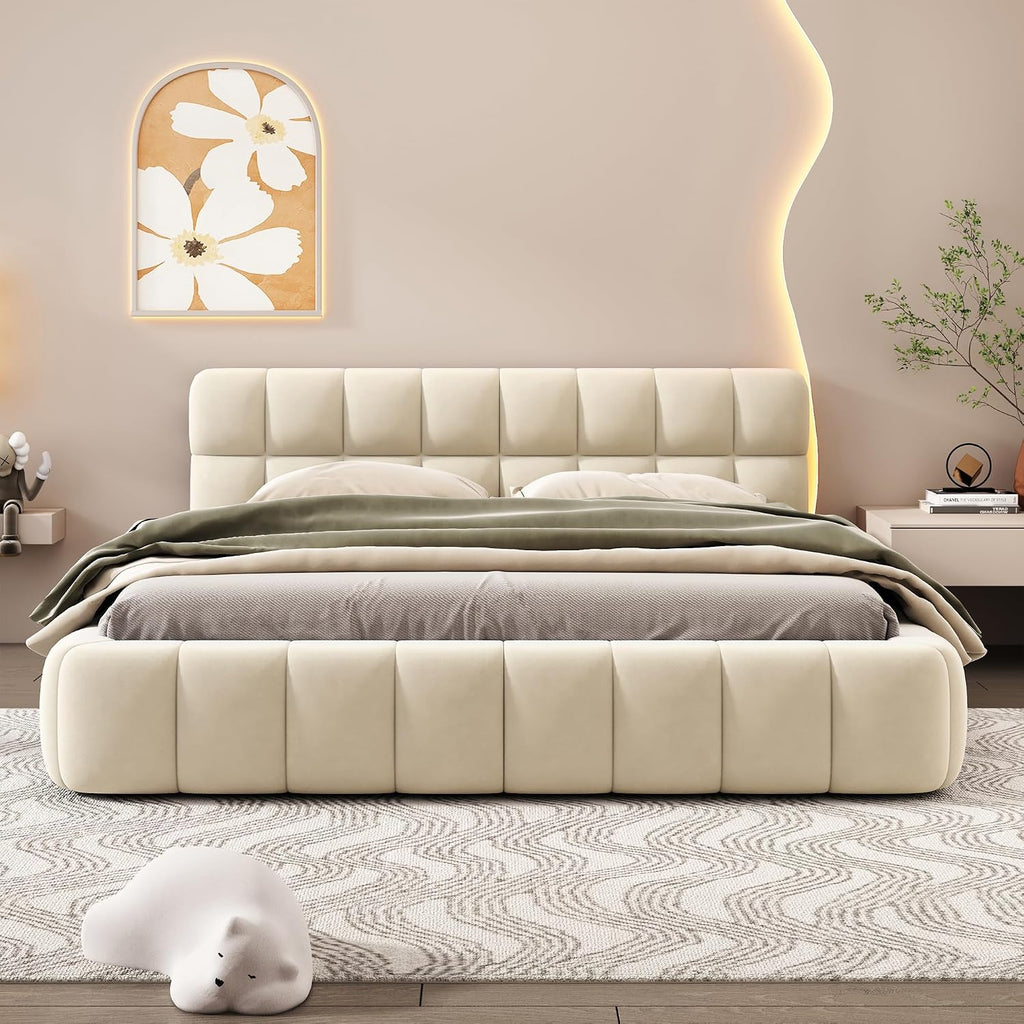Queen Size Upholstered Platform Bed with Thick Fabric, Grounded Bed with Solid Frame,Wood Slat Support, No Box Spring Needed,Easy Assembly,Bedroom Set (C+Beige)