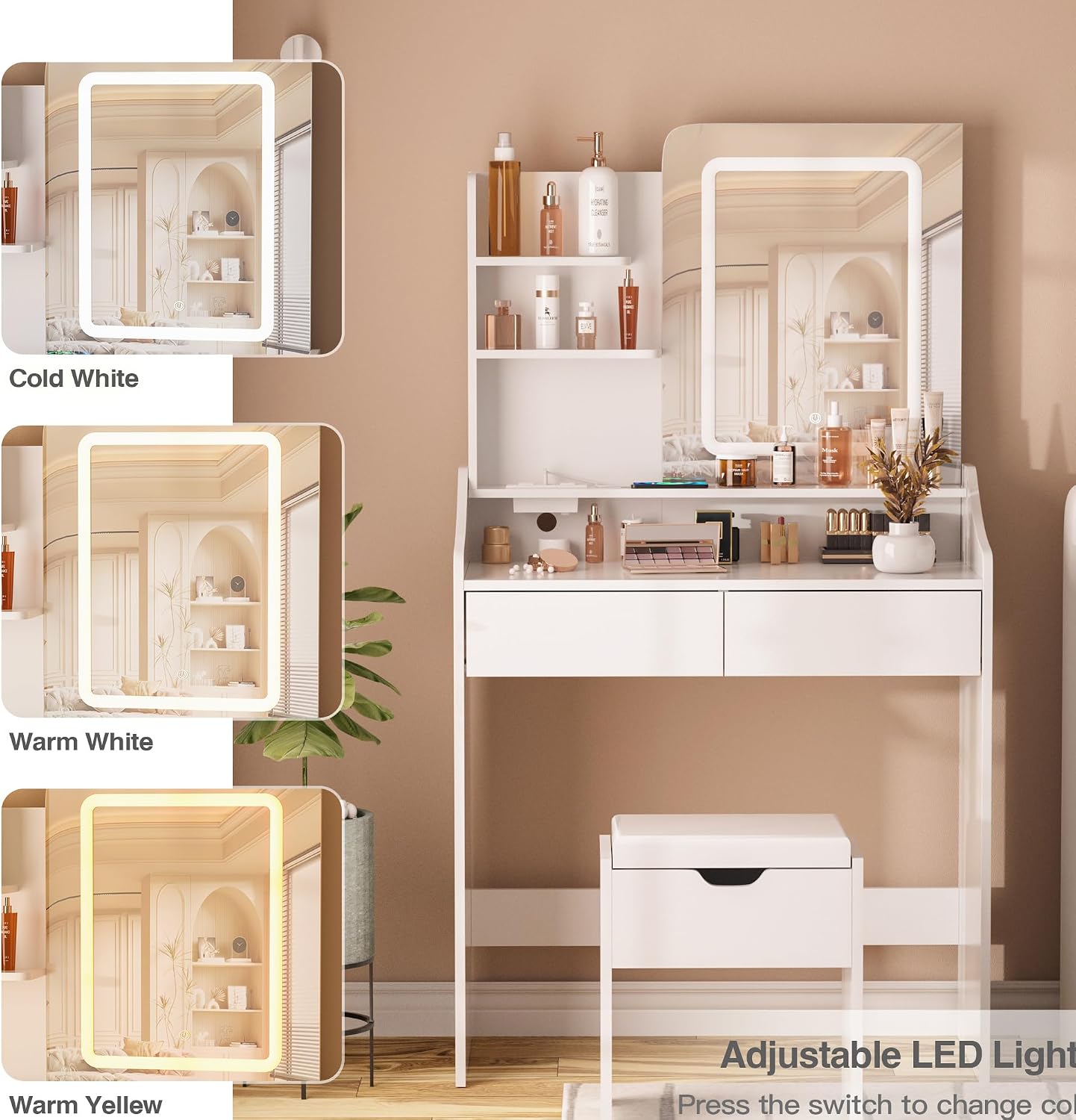 Vabches Vanity Desk with LED Light Mirror and Charging Station 30.3in, Small Vanity Set with 4 Storage Shelves 2 Drawers, Vanity for Girls Women with Storage Stool, Vanity Table for Bedroom (White)