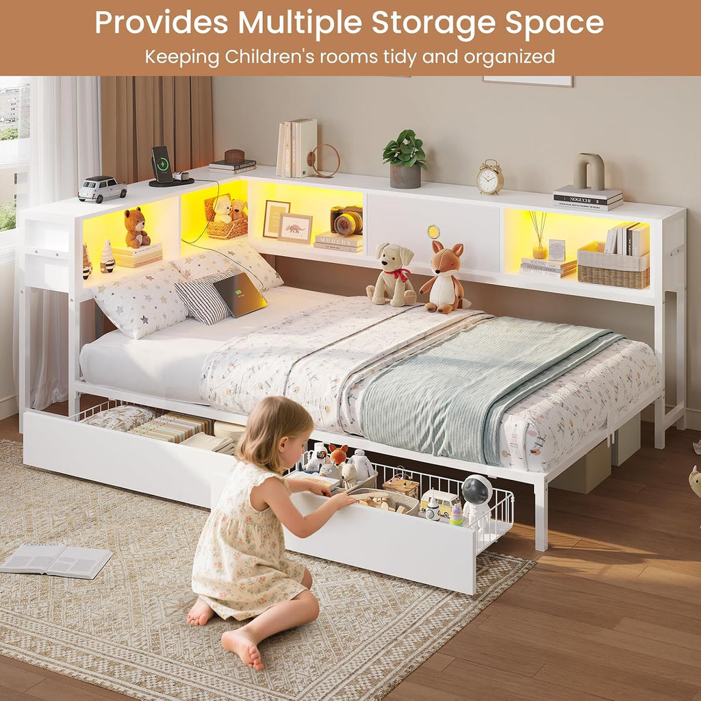 DICTAC Twin Corner Bed Frame with Storage Drawers and Bookcase Twin Size Metal Corner Platform Bed Frame with Led Lights and Charging Station Twin Size Daybed for Kids and Teen,Saving Space,White