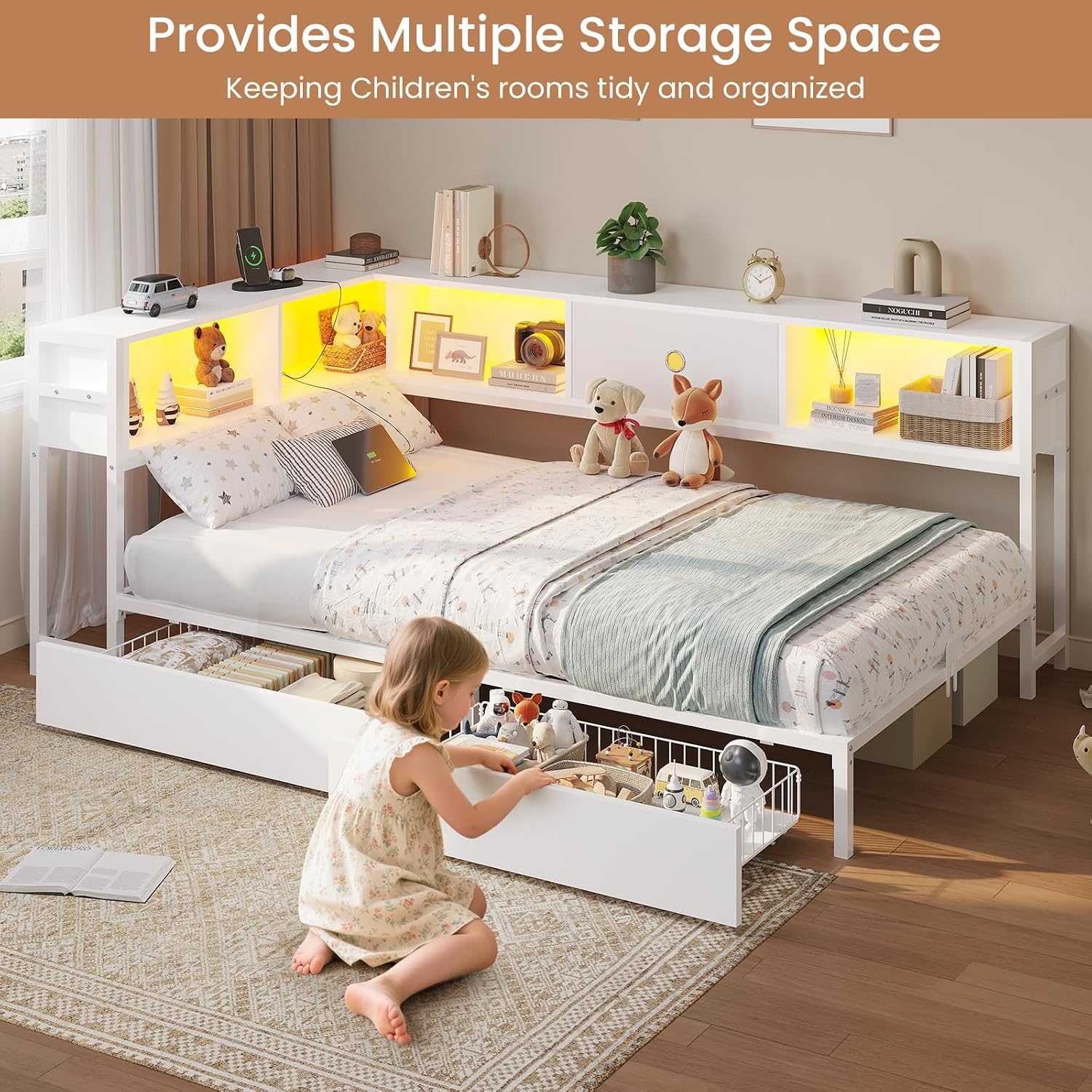 DICTAC Twin Corner Bed Frame with Storage Drawers and Bookcase Twin Size Metal Corner Platform Bed Frame with Led Lights and Charging Station Twin Size Daybed for Kids and Teen,Saving Space,White