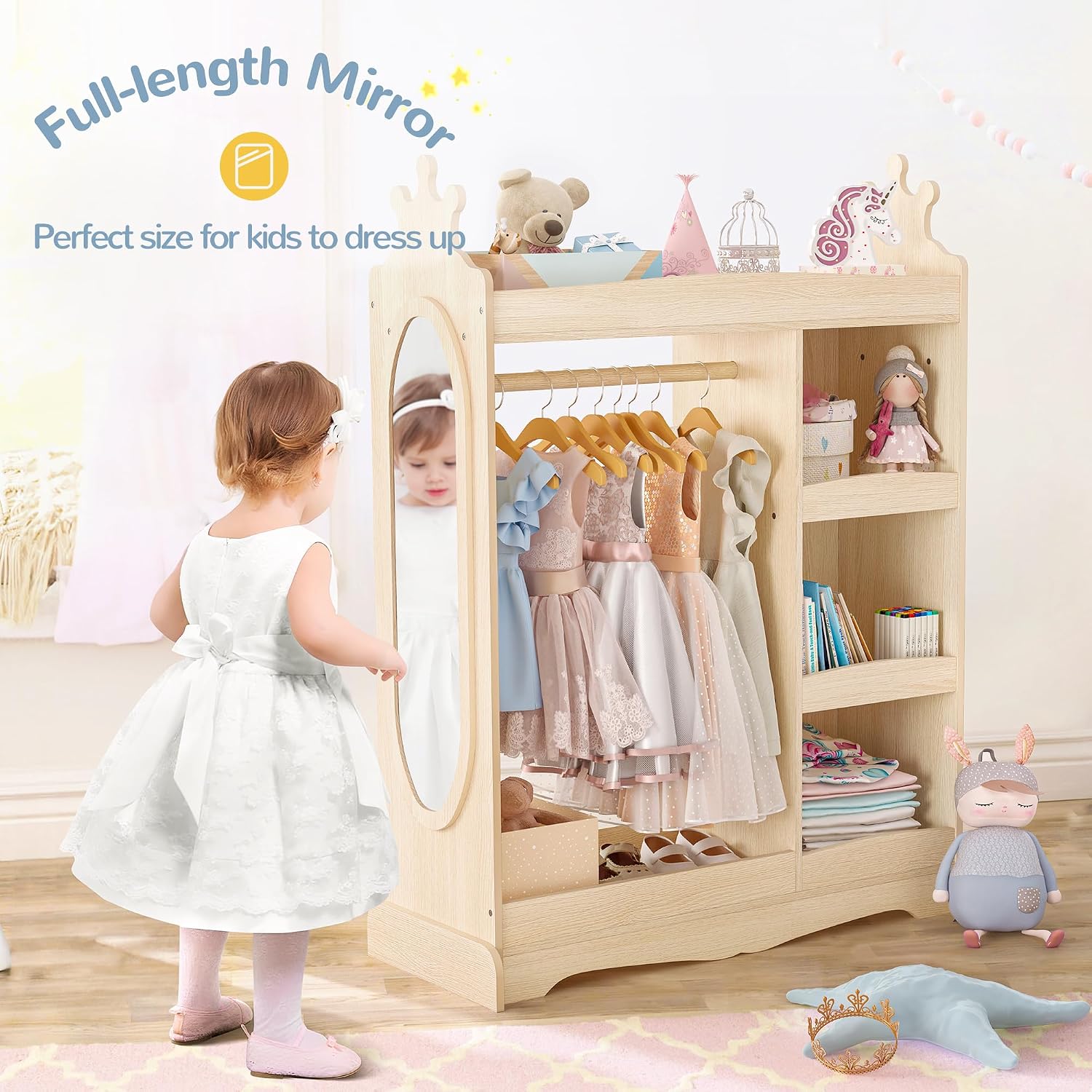 Curipeer Kids Dress up Storage with Mirror, Kids Wardrobe with Storage & 3 Hooks, Kids Closet for Girls Boys, Kids Costume Organizer, Open Hanging Armoire Wardrobe Closet for Bedroom, Natural