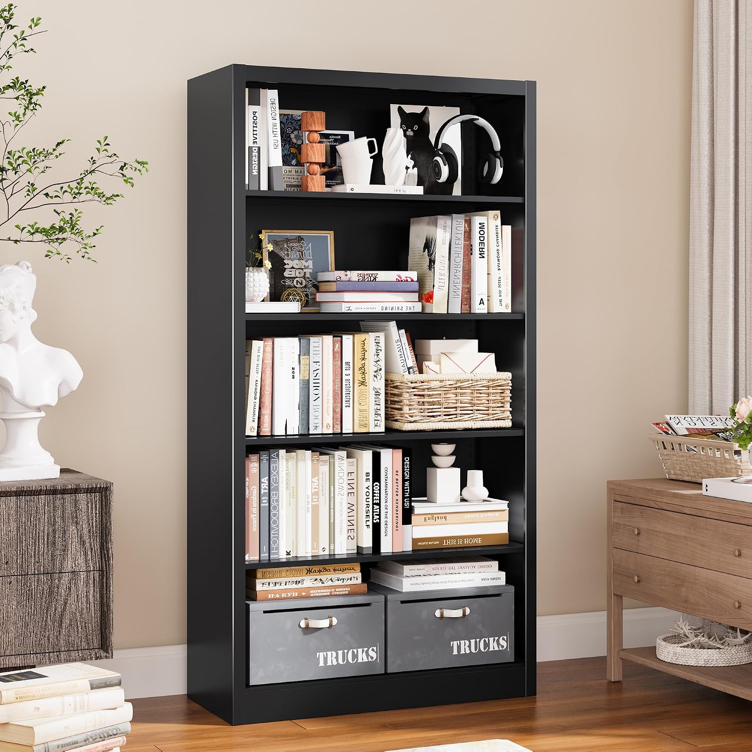 VASAAOSD Black Bookshelf, 55' Adjustable Tall Metal Bookshelf, 5-Tier Toy Storage Organizer with Anti-Tilt Device, Modern Book Cases and Book Shelves for Bedroom, Playroom, Classroom, Study