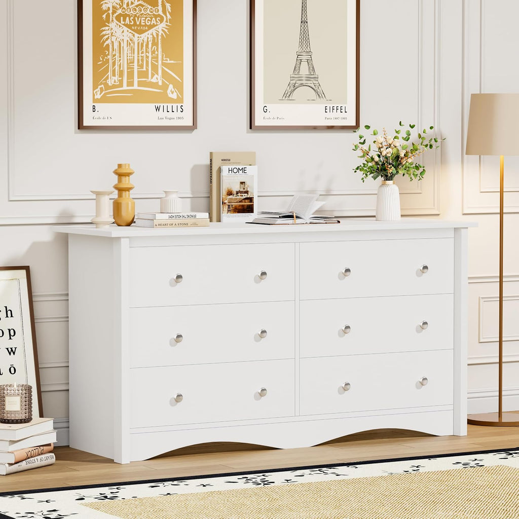 Flamaker Dresser for Bedroom, 6 Drawer Dresser, 47.2'' Wood Dressers, Wide Chest of Drawer, Storage Drawers, Storage Organizer for Closet, Hallway (White)