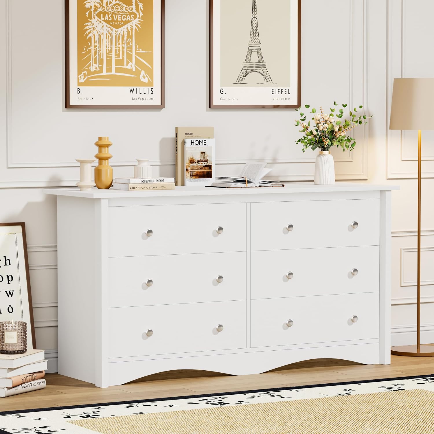 Flamaker Dresser for Bedroom, 6 Drawer Dresser, 47.2'' Wood Dressers, Wide Chest of Drawer, Storage Drawers, Storage Organizer for Closet, Hallway (White)