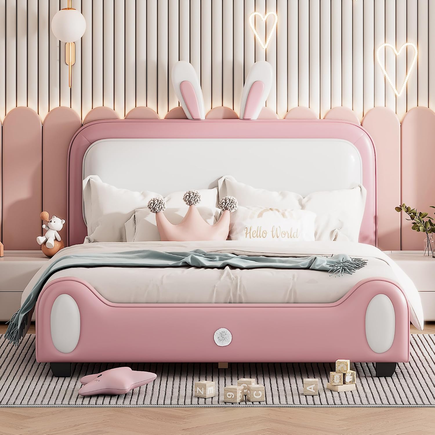 Full Size Upholstered Rabbit-Shape Princess Bed,with Headboard and Footboard Frames Platform Bed for Girls Boy Teen Full Bed Frames for Kids Bedroom Atmosphere Easy to Assemble (Pink+White, Full)