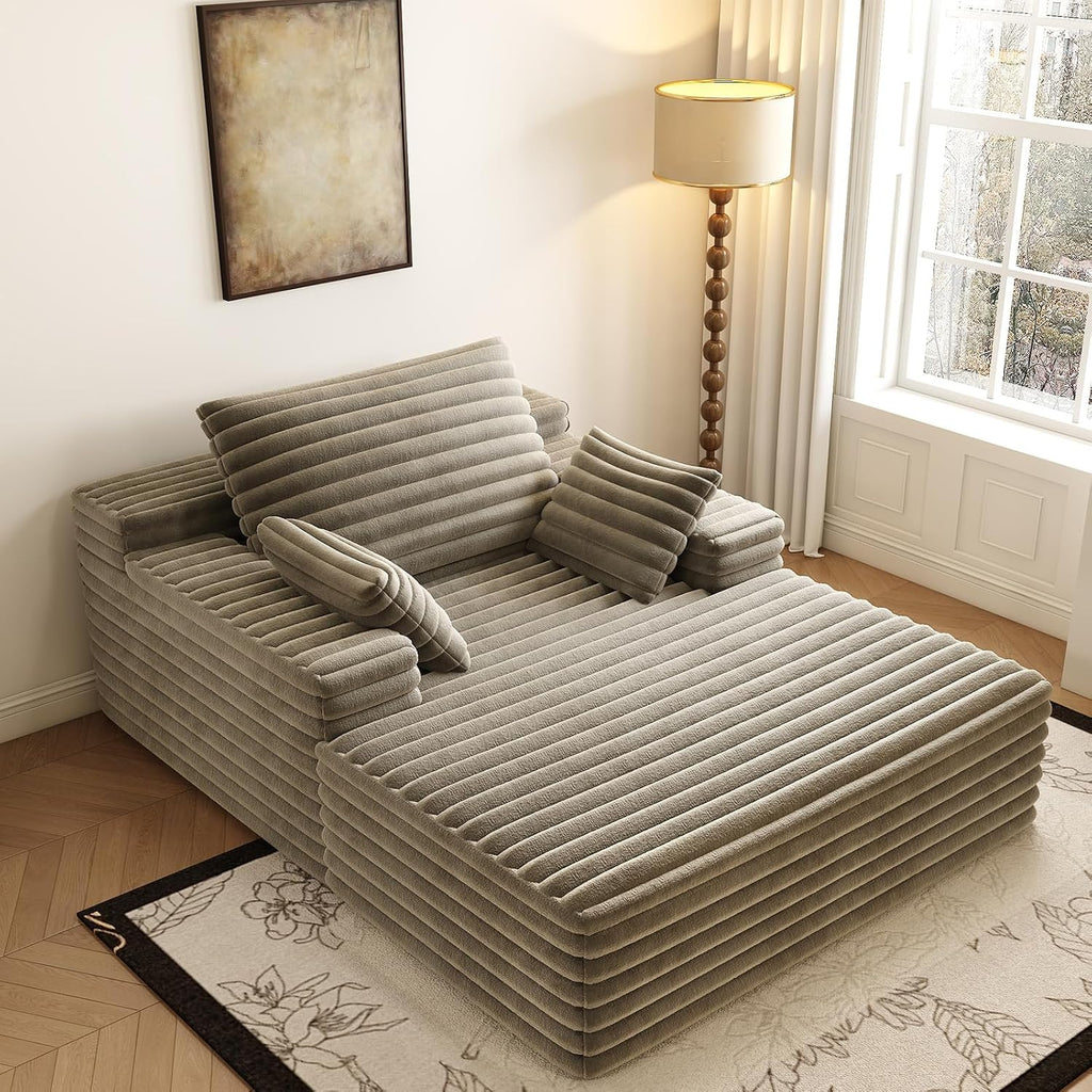 Oversized Chaise Lounge Chair Indoor, 62.6' Cloud Boneless Sleeper Couch Corduroy Upholstered Sofa Bed Deep Seat Comfy Reading Chair with 3 Pillows for Living Room Bedroom, Camel
