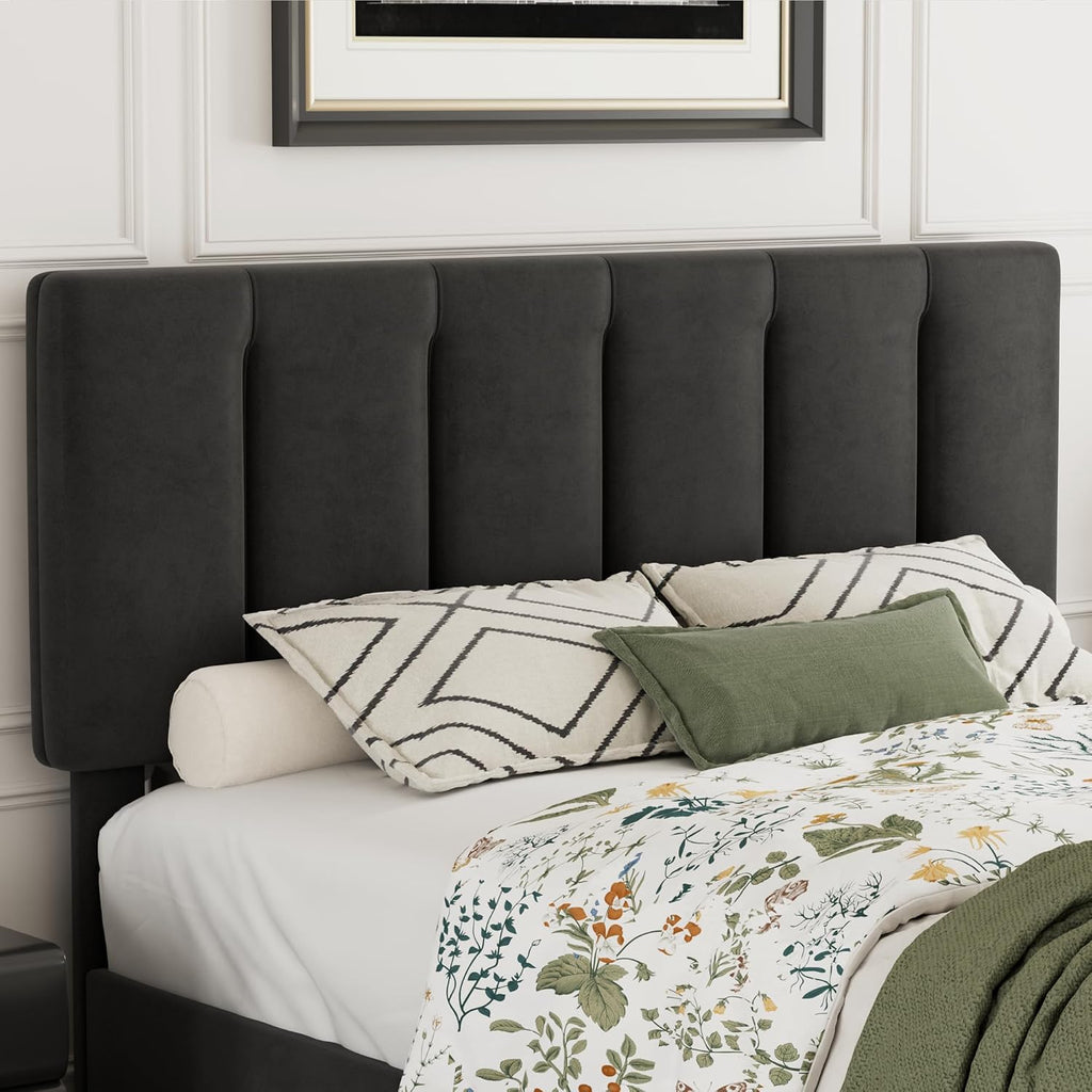 VECELO Full Bed Frame with Upholstered Headboard, Heavy-Duty Platform Bedframe with Strong Wooden Slats Support, No Boxing Spring Needed, Black