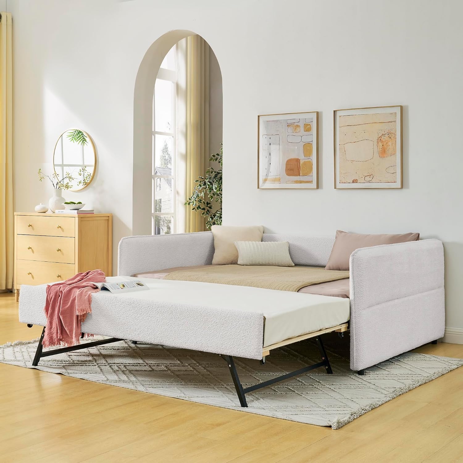 Ball & Cast Full Size Daybed with Pop up Trundle,Boucle Fabric Upholstered Day Bed Frame with Wood Slats Support,Extendable Trundle Bed,Full to King Daybed,Easy Assembly,Beige