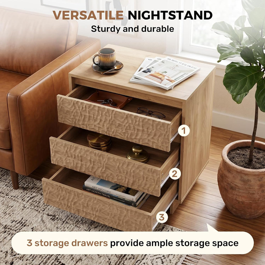 Miereirl Nightstands with Charging Station, Modern Nightstand with 3 Drawers, 26.5' W Wooden End Side Table for Bedroom, Natural Oak