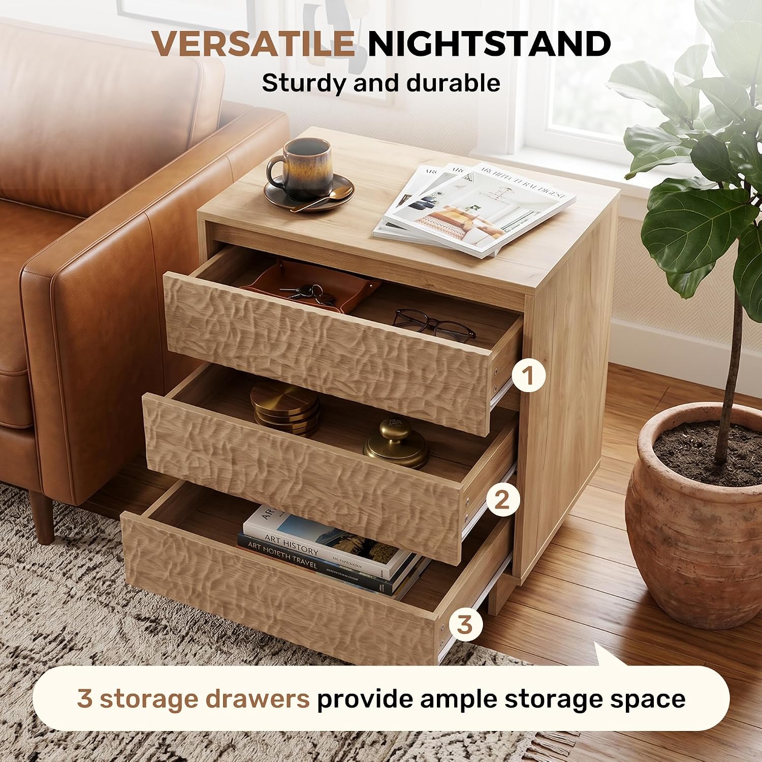 Miereirl Nightstands with Charging Station, Modern Nightstand with 3 Drawers, 26.5' W Wooden End Side Table for Bedroom, Natural Oak