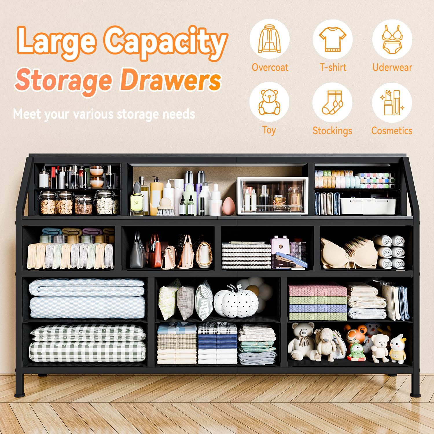 Dresser for Bedroom, 55' TV Stand with 14 Drawers, Long Dresser & Chests of Drawers with Shelves & Sturdy Metal Frame & Wood Top (Black)