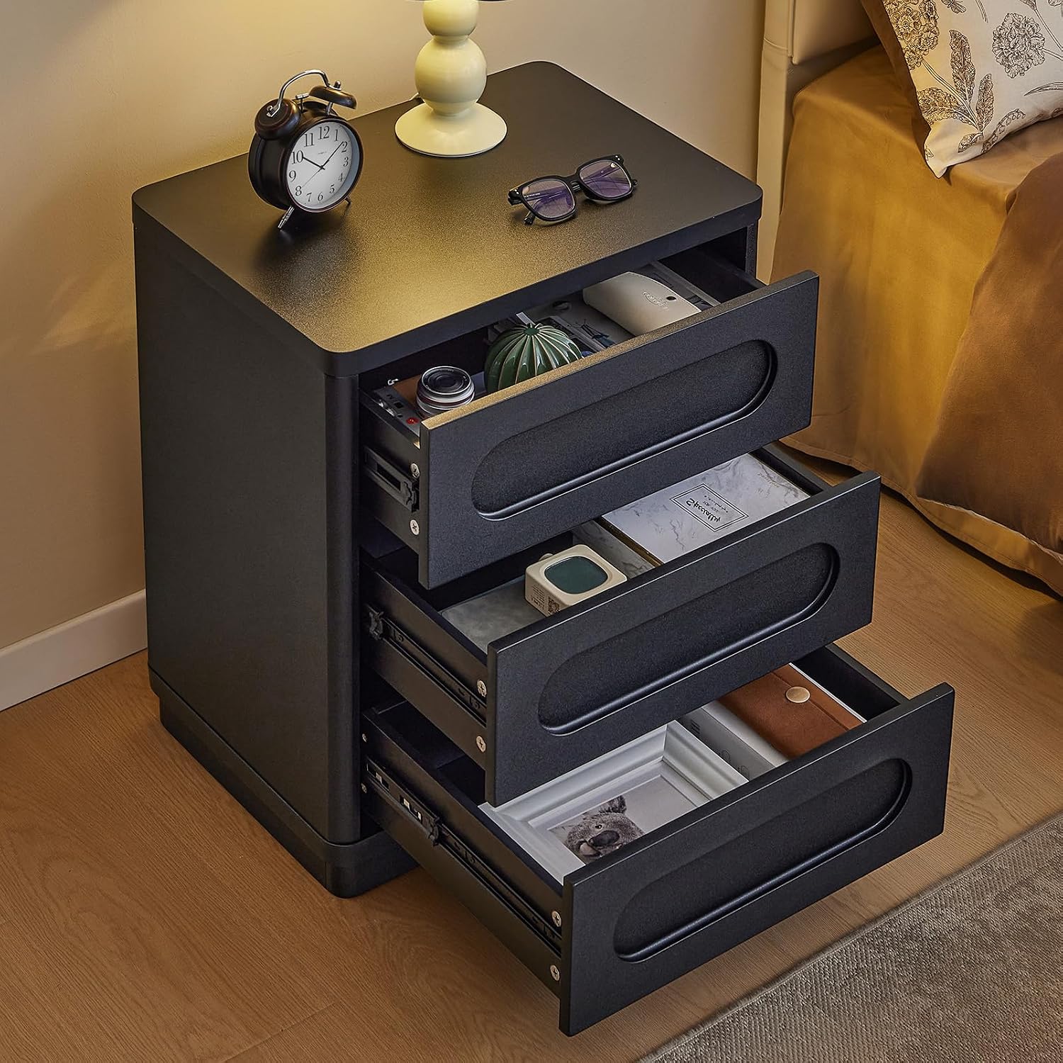 26.2' Tall Nightstand Set of 2, 21.7' W Night Stand with 3 Storage Drawers, Wood Beside Table, Rounded Corner Design for Bedroom (Black)