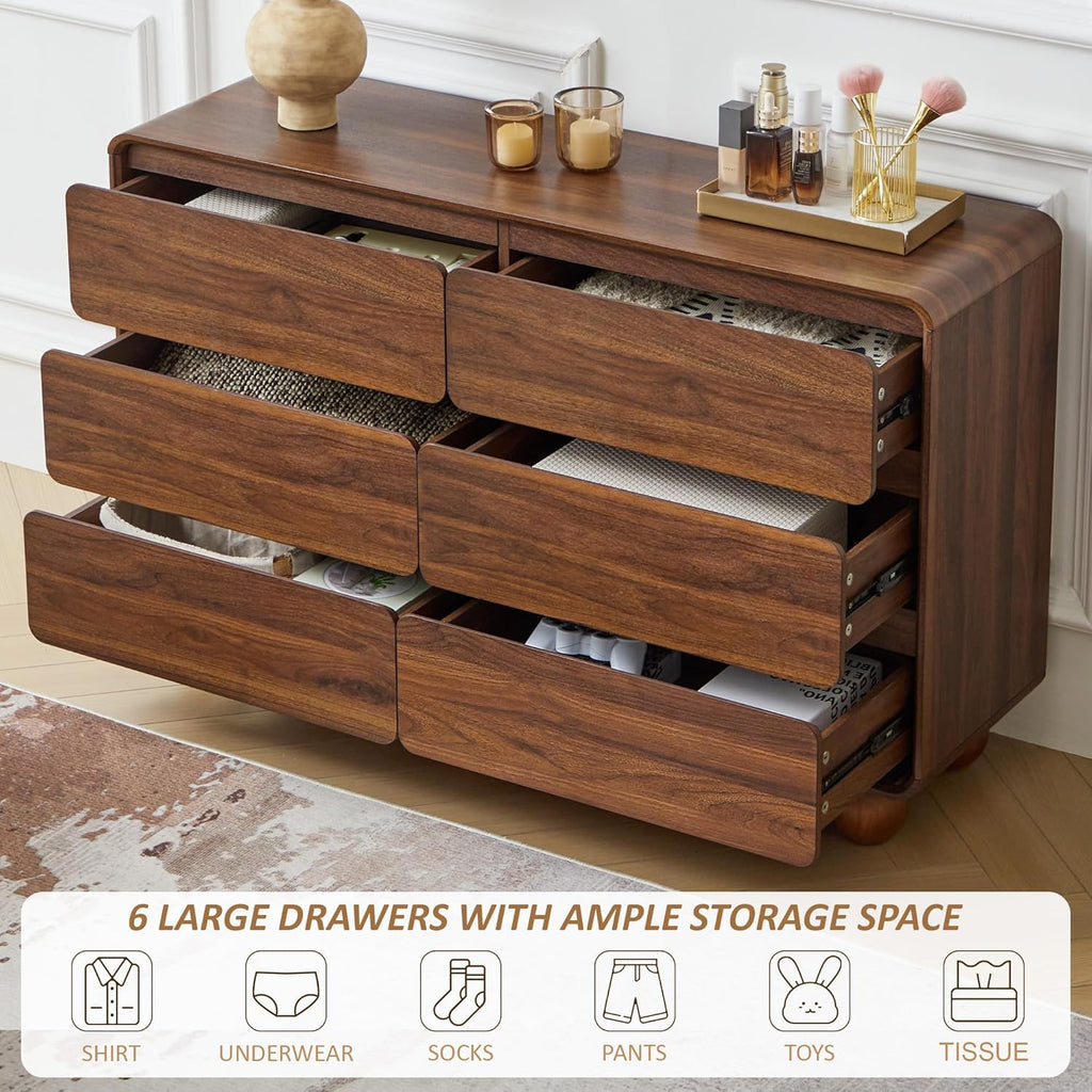 AVZEAR Modern 6 Drawer Dresser for Bedroom, 48' Wide Wooden Dresser Chest of Drawers, Handle Free & Curved Profile Design, Mid Century Closet Clothes Storage Organizer for Living Room, Walnut