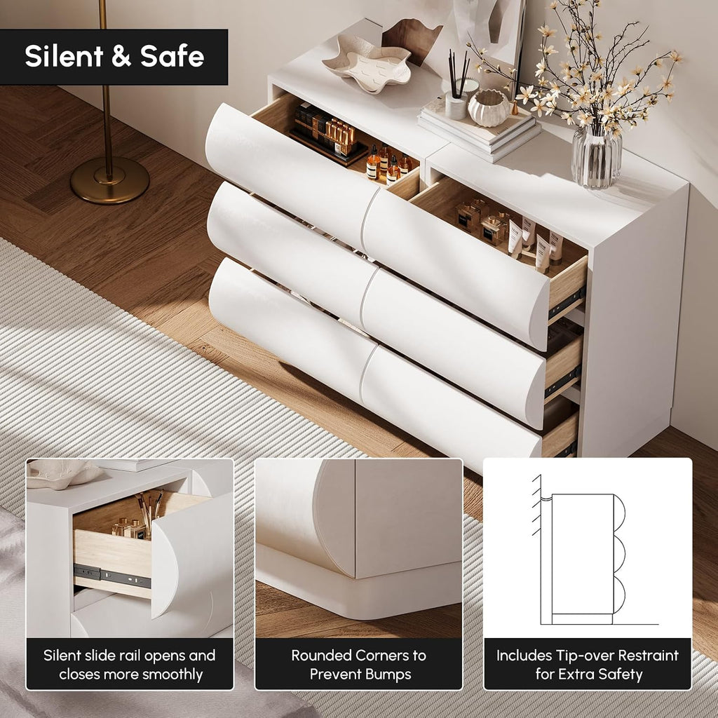 homary Modern 6 Drawers Dresser, 39.4' Wide Faux Leather Chest of Drawers with Modern Design, Storage Dressers Organizer for Bedroom Living Room Hallway, White