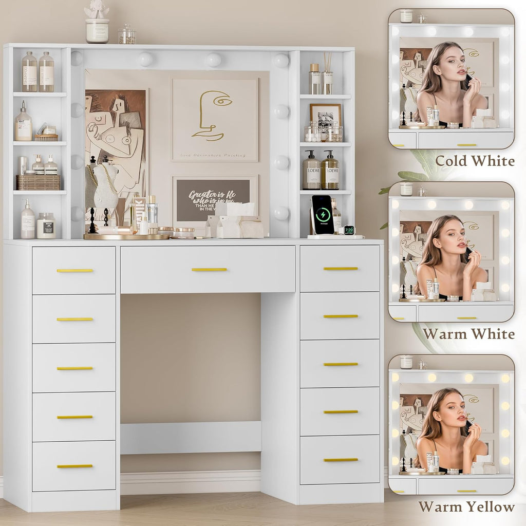 Wodeer Makeup Vanity with Drawers, 43' White Vanity Desk with Mirror and Lights, 11 Drawers & 4 Shelves, Power Outlet & Adjustable LED Lights, Dressing Table for Women & Girls Bedroom
