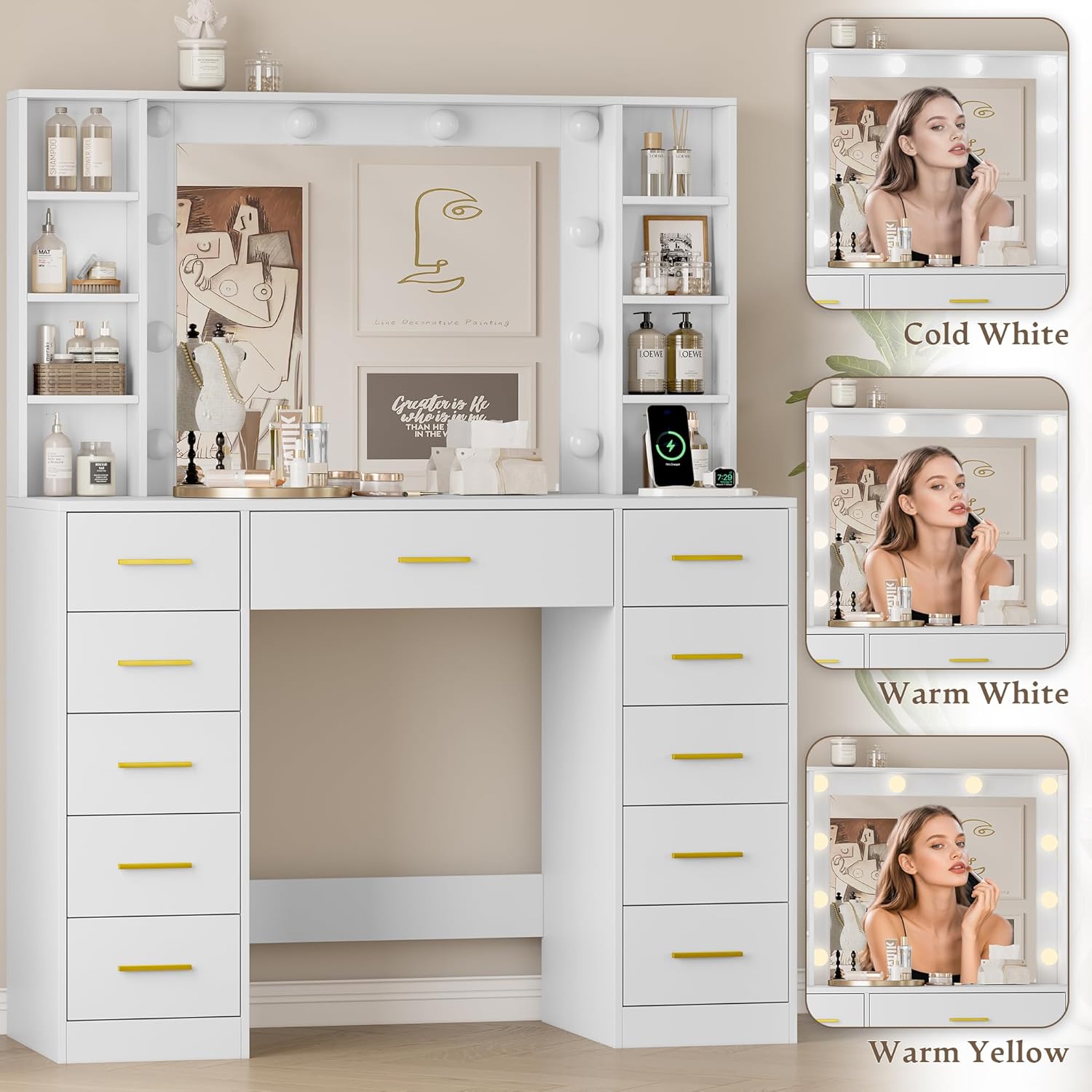 Wodeer Makeup Vanity with Drawers, 43' White Vanity Desk with Mirror and Lights, 11 Drawers & 4 Shelves, Power Outlet & Adjustable LED Lights, Dressing Table for Women & Girls Bedroom