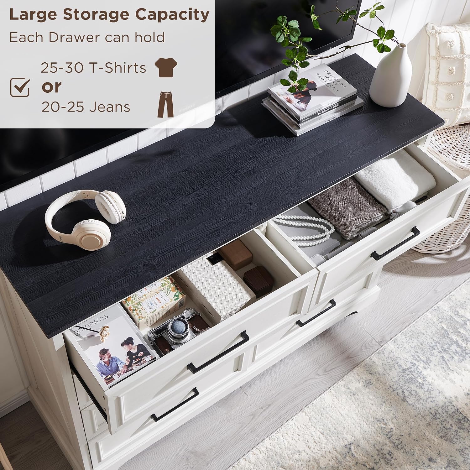 ACCOHOHO Farmhouse 8 Drawers Dresser Chests for Bedroom,52' Wide Wood Rustic Chest of Drawers with Metal Handle,Natural Texture,Drawer Organizer for Bedroom,Living Room,Hallway Entryway,Antique White