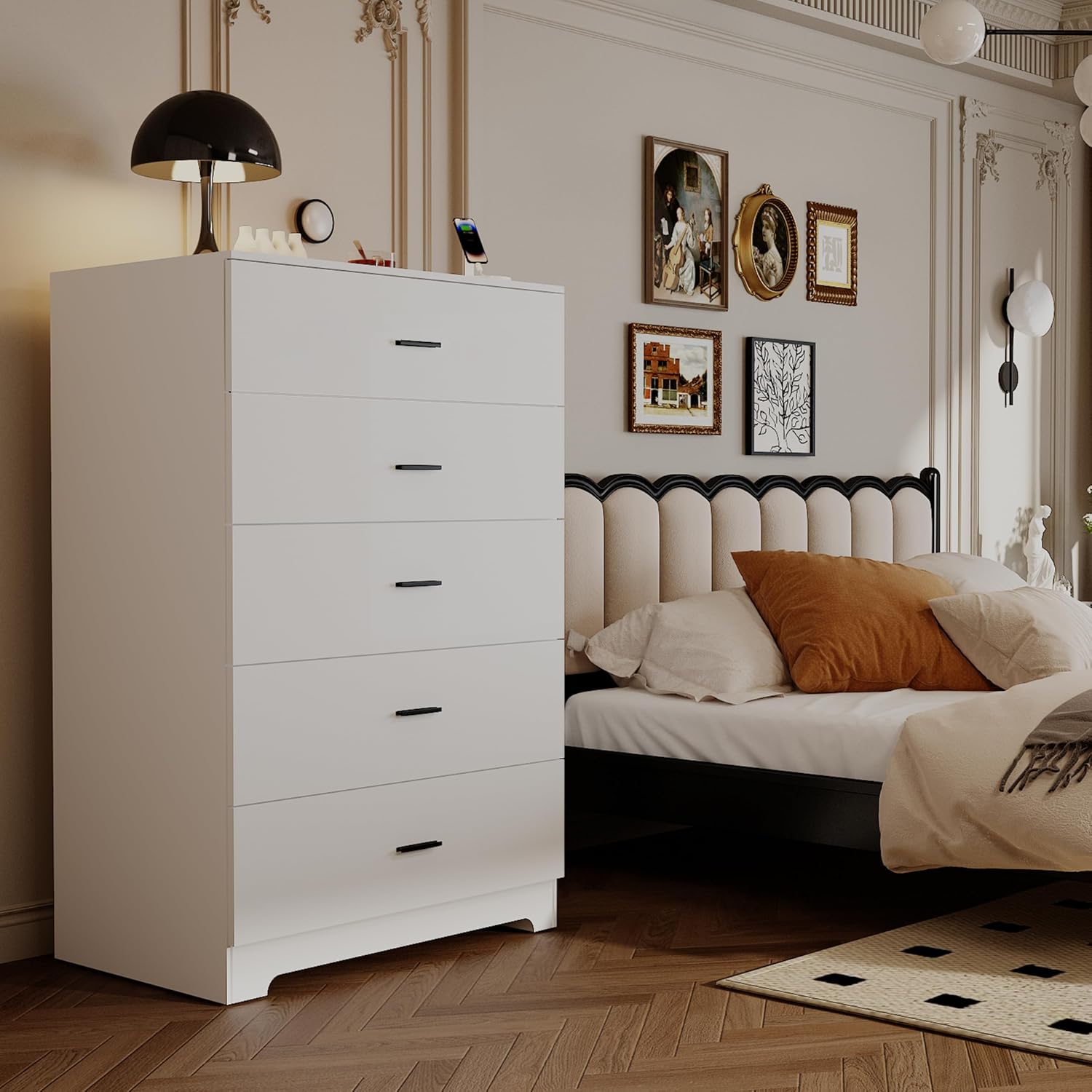 GEPELCN Dresser for Bedroom with Power Outlets Wood 5 Drawer Dresser with Large Storage Space White Chest of Drawers with Smooth Metal Rail Tall Storage Organizer for Bedroom Living Room Closet
