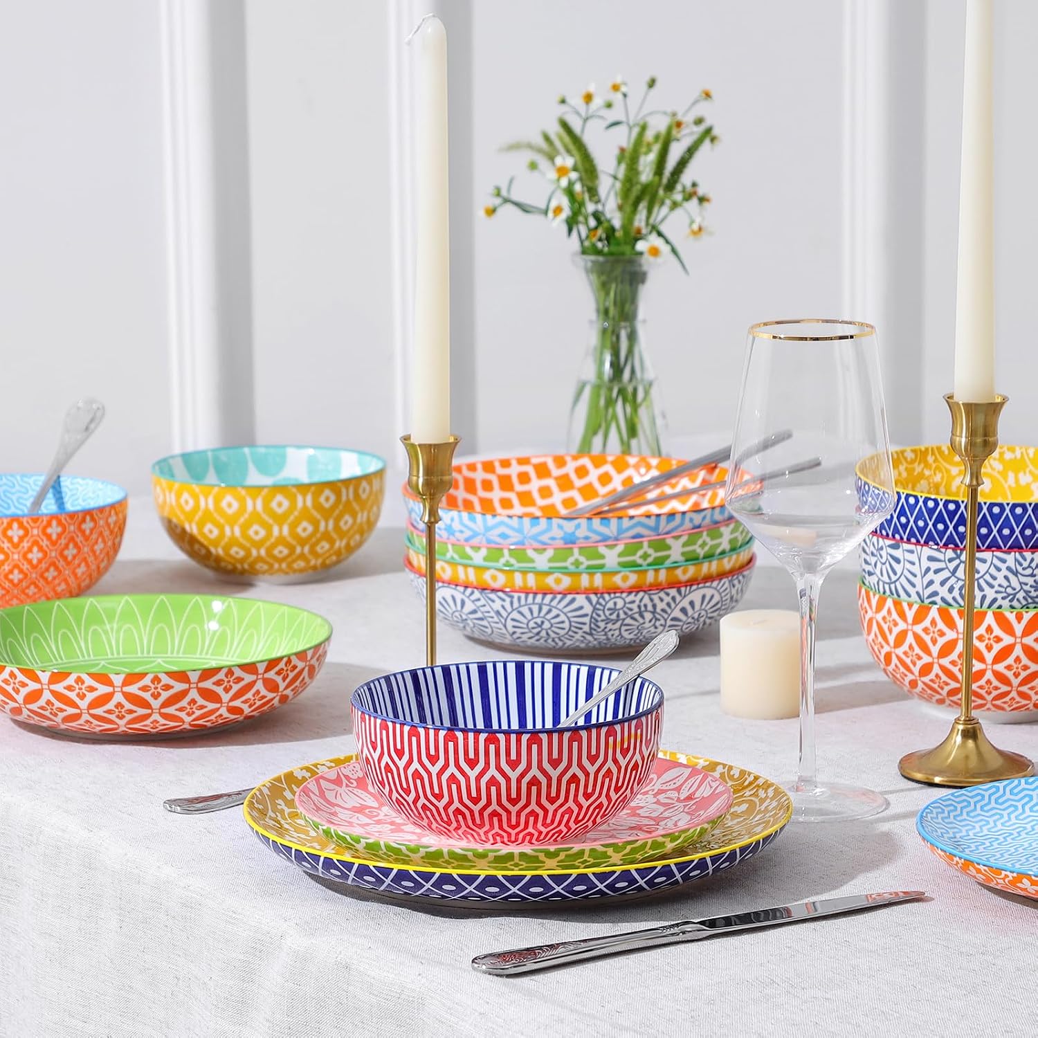 Selamica Ceramic Plates and Bowls Sets,32 Pieces Dinnerware Sets for 8,Scratch Resistant Dish Set for family gathering,Dishwasher & Microwave Safe, Assorted Colors