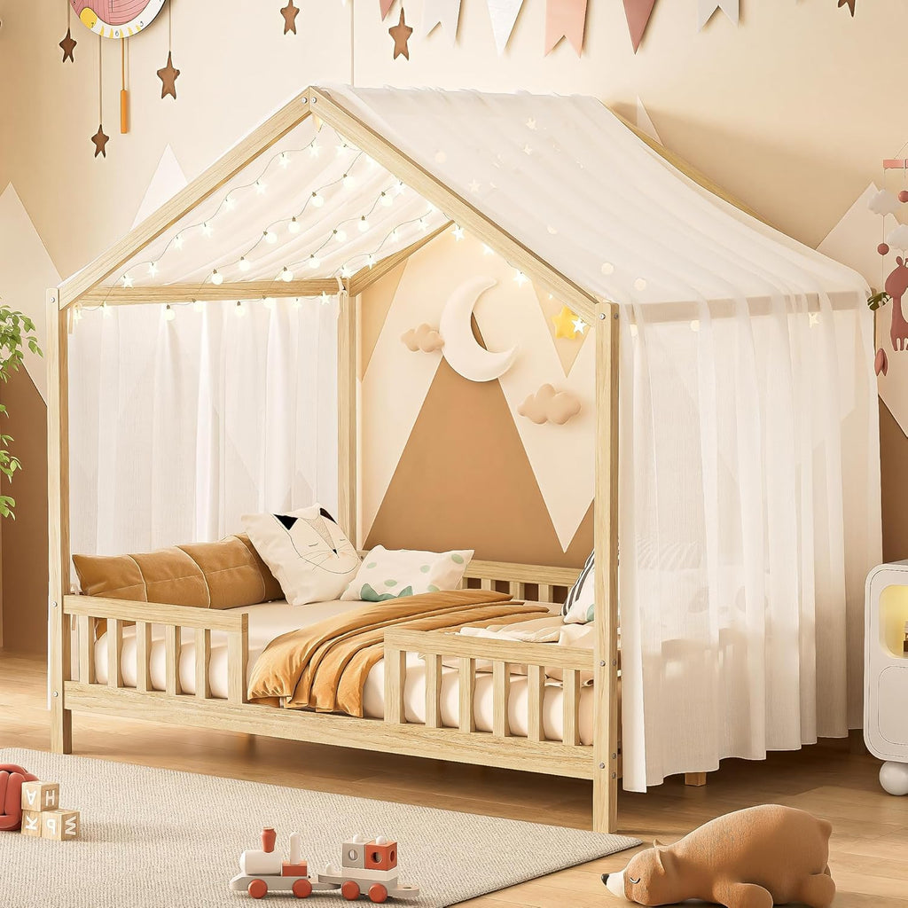Full Size House-Shape Bed with Canopy and High Railings, Wood Kids Bed Frame with Roof (Natural, Full)