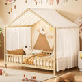 Full Size House-Shape Bed with Canopy and High Railings, Wood Kids Bed Frame with Roof (Natural, Full)