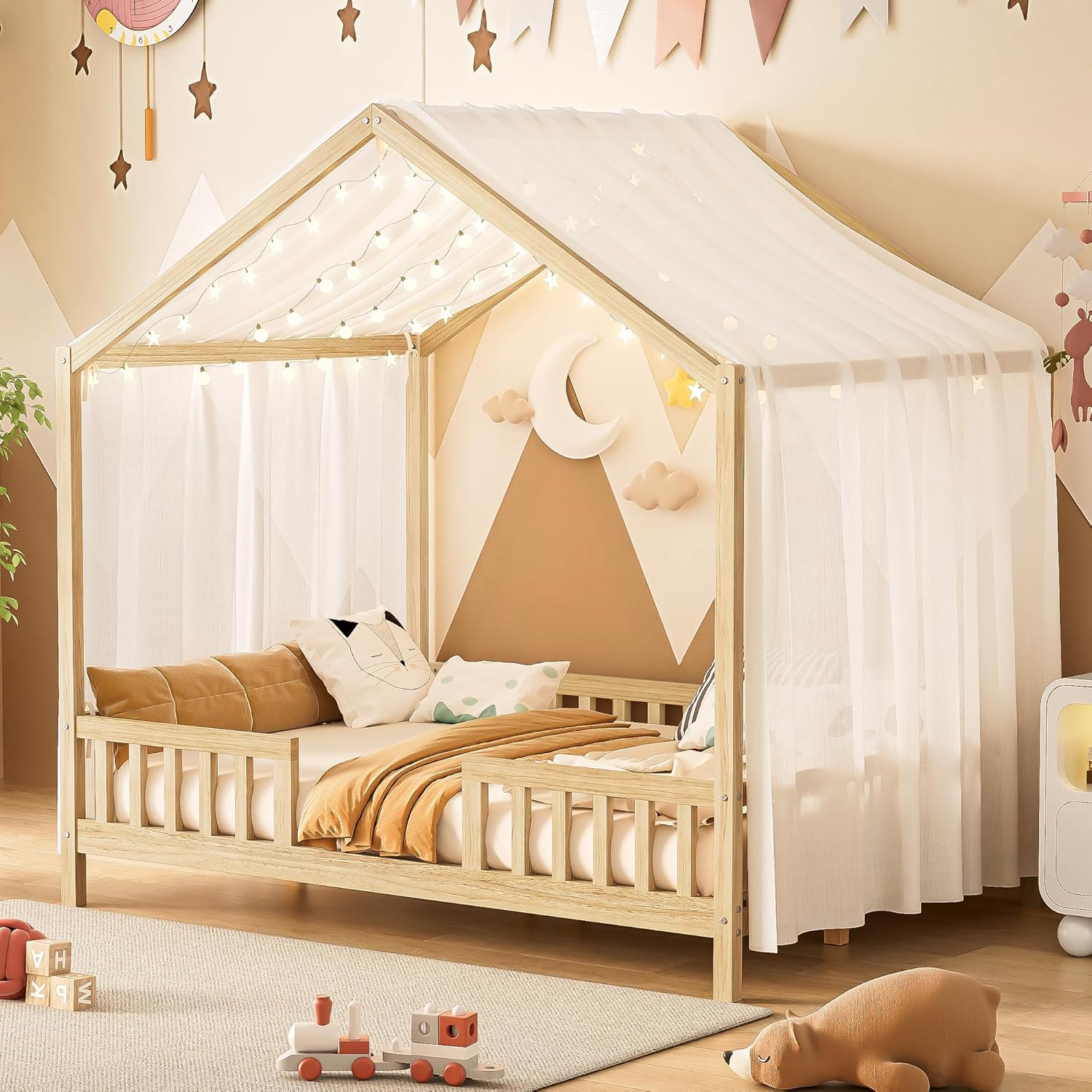 Full Size House-Shape Bed with Canopy and High Railings, Wood Kids Bed Frame with Roof (Natural, Full)