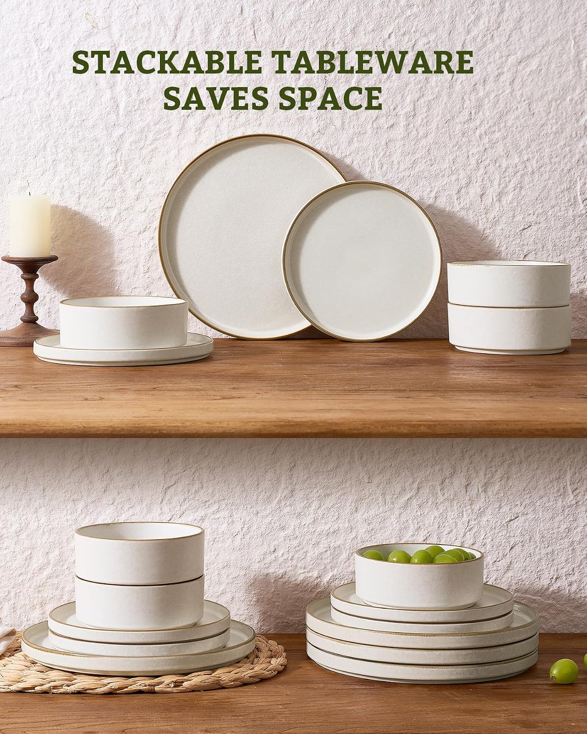 Famiware Nebula Plates and Bowls Sets, 24 Pieces Stoneware Dinnerware Sets, Reactive Glaze Dish Set, Dishes Set for 8, Matte Beige White with Brown Rim