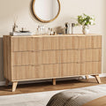 Fluted Dresser with 6 Drawers, 53.43 Inch Wood Double Dresser with Metal Handles Curved Design Wide Storage Organizer Cabinet Modern Chest Dressers for Bedroom Living Room Hallway(Oak)