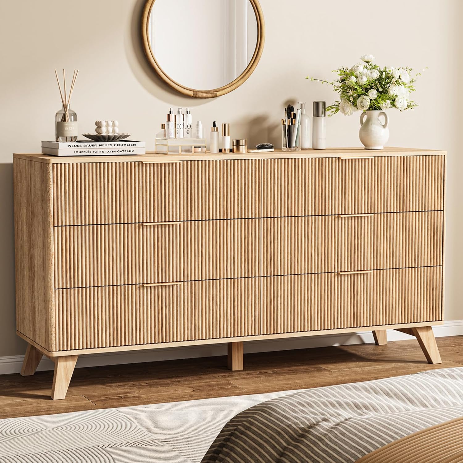 Fluted Dresser with 6 Drawers, 53.43 Inch Wood Double Dresser with Metal Handles Curved Design Wide Storage Organizer Cabinet Modern Chest Dressers for Bedroom Living Room Hallway(Oak)