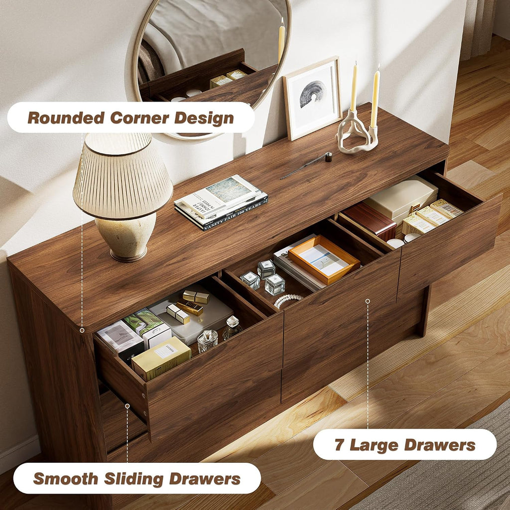 3 Pieces Bedroom Set, 55 Inch Width 7-Drawer Dresser & 2-Drawer Nightstands Set of 2,Nightstand with USB Nightstand with USB&Type C Charging Station&Outlets,Modern Design for Bedroom, Walnut