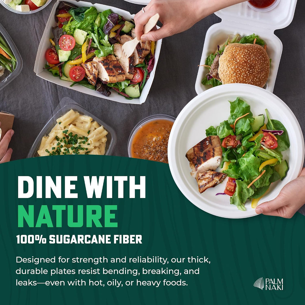 Bulk Case: 9' Heavy Duty Paper Plates | Compostable & Biodegradable | Made from Sugarcane Bagasse | Leak-Resistant & Sturdy | Microwave Safe | PFAS-Free | 9 Inch | 8 x 80-Pack (640 Pcs) | Palm Naki