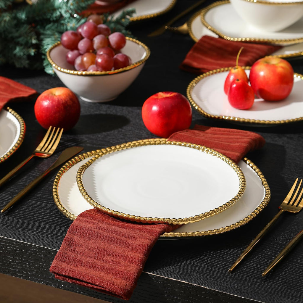 Christian Siriano Akoya Porcelain Dinnerware Set, 24-Piece - Dish Set for 8, Plates and Bowls Set, White and Gold