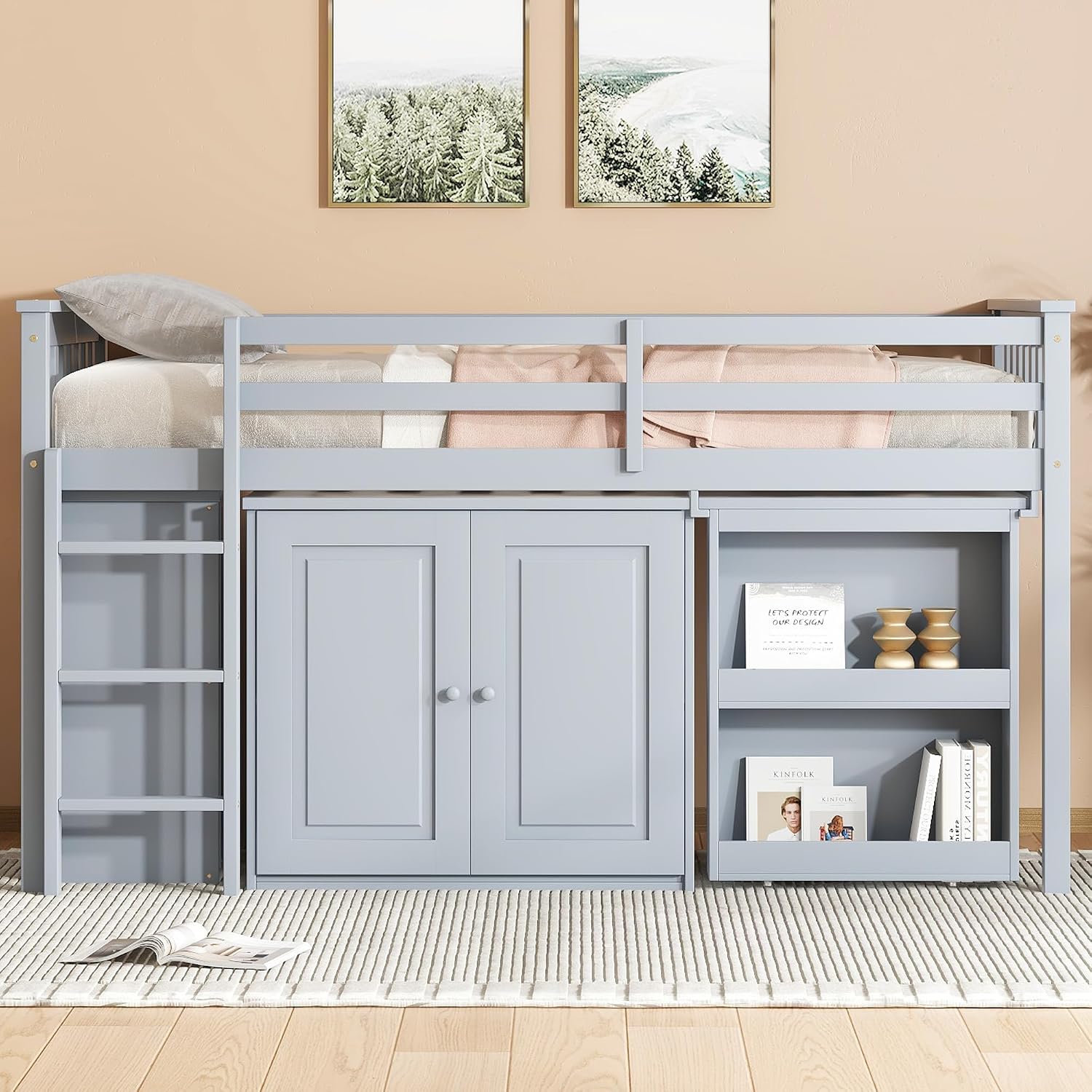 JIVOIT Twin Size Low Loft Bed, Multifunctional Loft Bed with Pulling-Out Desk, Storage Cabinet, Drawer and Shelf Cabinet, Rubber Wood Loft Bed with Safety Guardrail, Ladder, Easy Assembly (Grey/262)