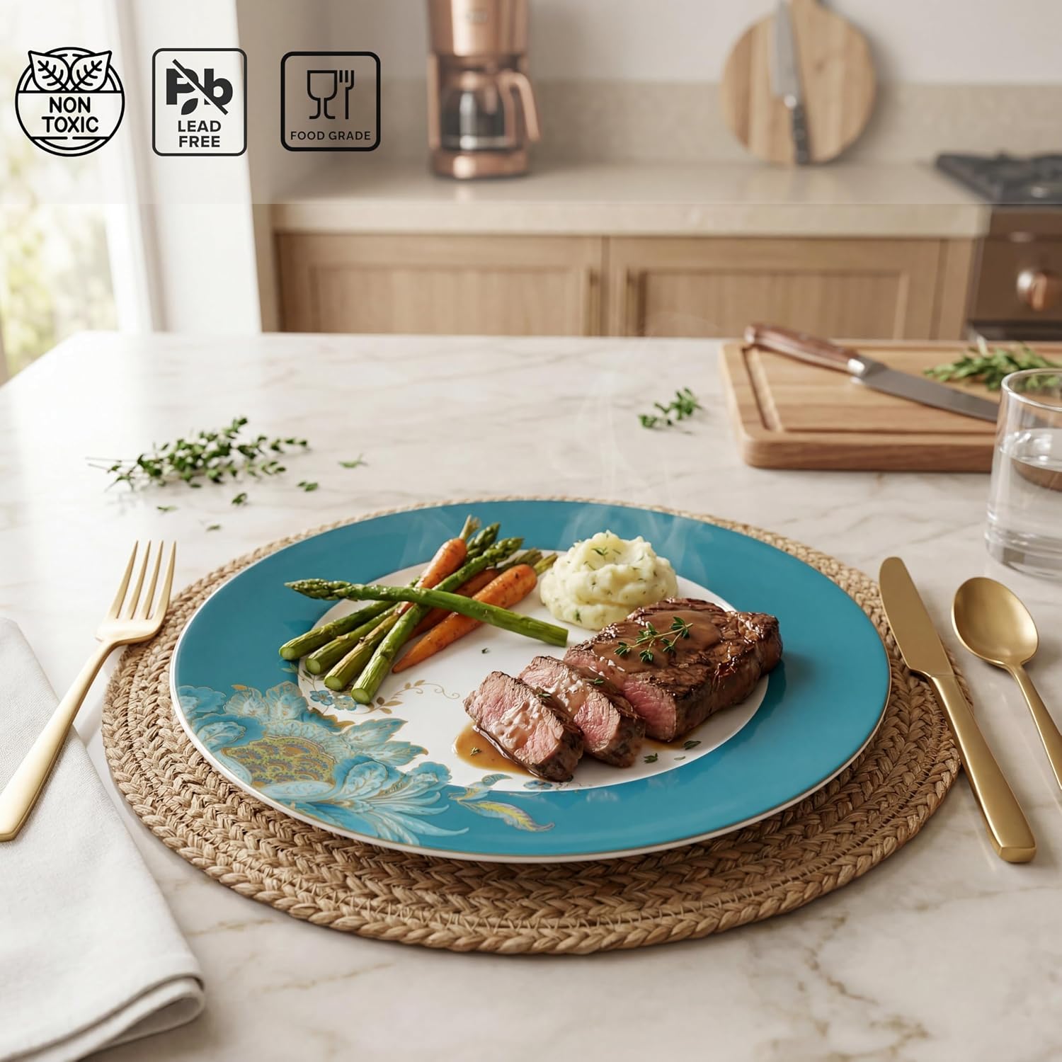 222 Fifth 16-Piece Porcelain Dinnerware Set for 4, Elegant Floral Plates and Bowls Sets-White, Teal, Gold Ceramic Dishes, Chip Resistant Kitchen and Dining Dish Set, Microwave & Dishwasher Safe, Eliza