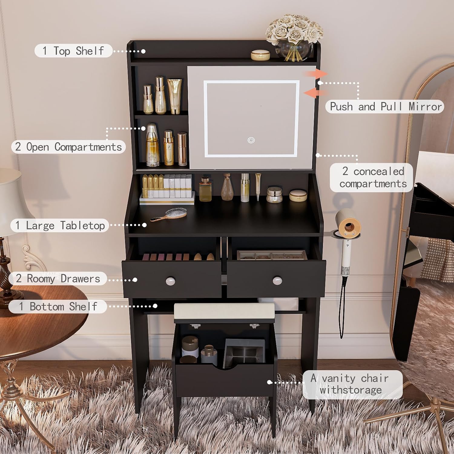 Viaozutis Vanity, Small Vanity Desk with Sliding Mirror, Dimmable LED Lights, 2 Drawers,Vanity Table Ideal for Bedroom (Black)