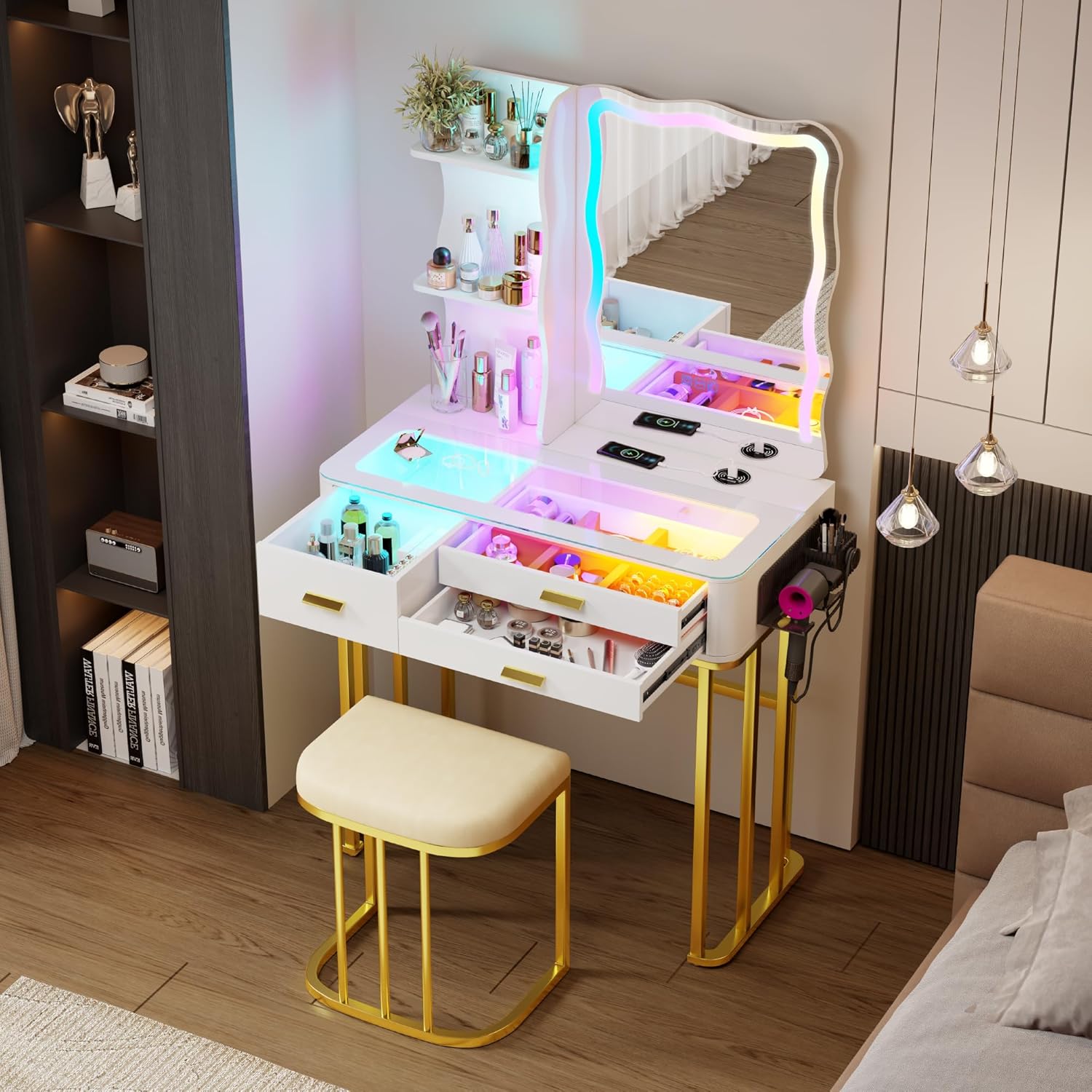 RGB LED Makeup Vanity Desk with Mirror & Lights, Modern Glass Top Vanity Table with 3 Drawers, Charging Station, Hair Dryer Holder, Dimmable Colorful Light Vanity Set for Bedroom,White