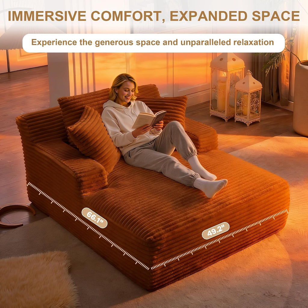 Oversized Chaise Lounge Chair Indoor, 66' Cloud Boneless Sleeper Couch Corduroy Upholstered Sofa Bed Deep Seat Comfy Reading Chair with 3 Pillows for Living Room Bedroom, Orange